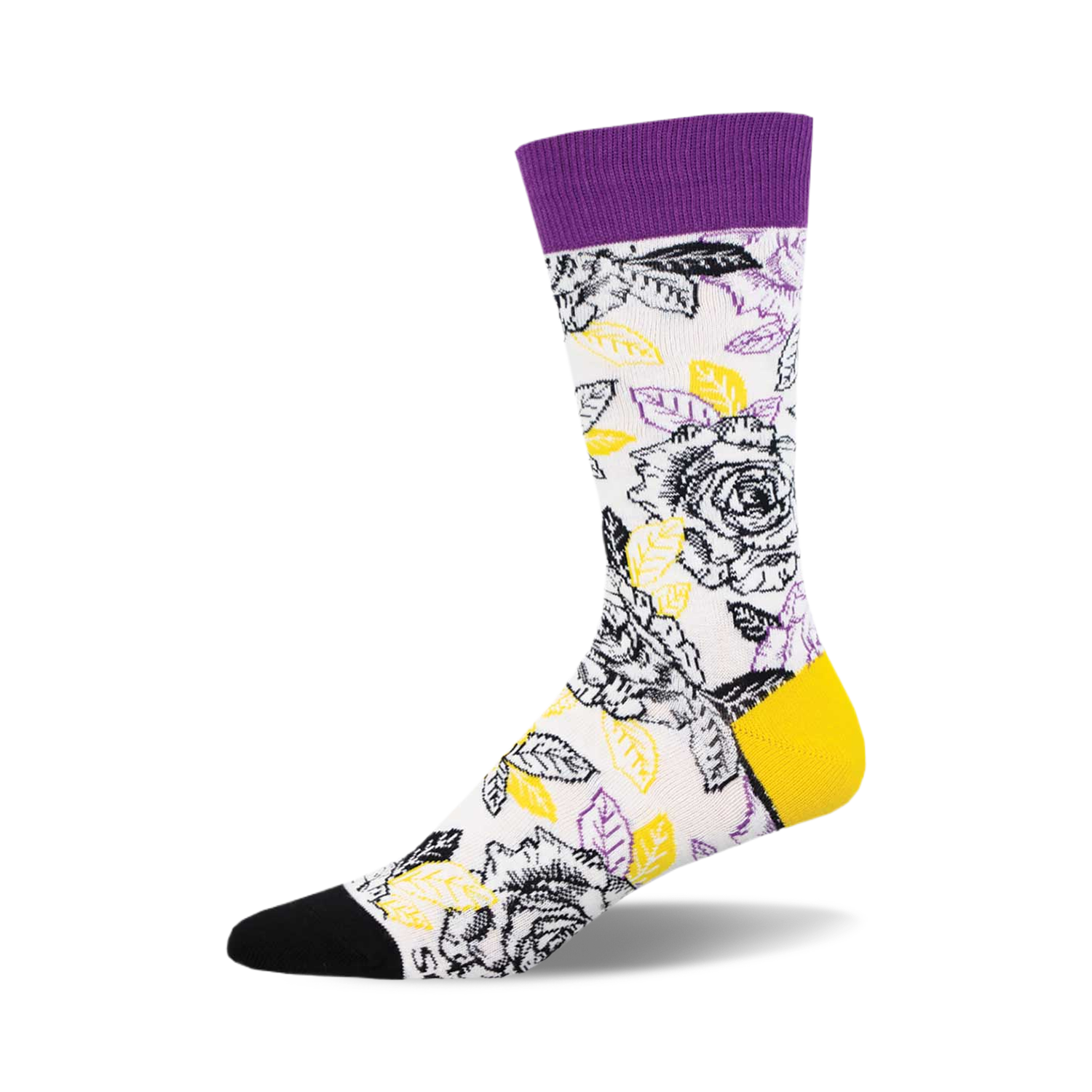 Crew socks in white with a black rose and leaf design. Purple and yellow accents. Black toe and heel.