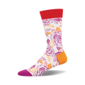 Crew socks with a white background, purple and orange roses, and red, orange and fuchsia accents at the top and bottom.