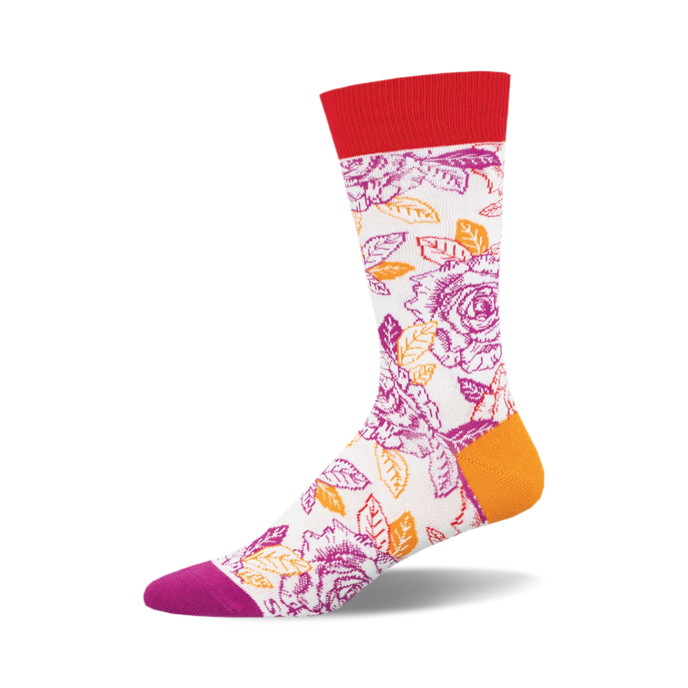 Crew socks with a white background, purple and orange roses, and red, orange and fuchsia accents at the top and bottom.