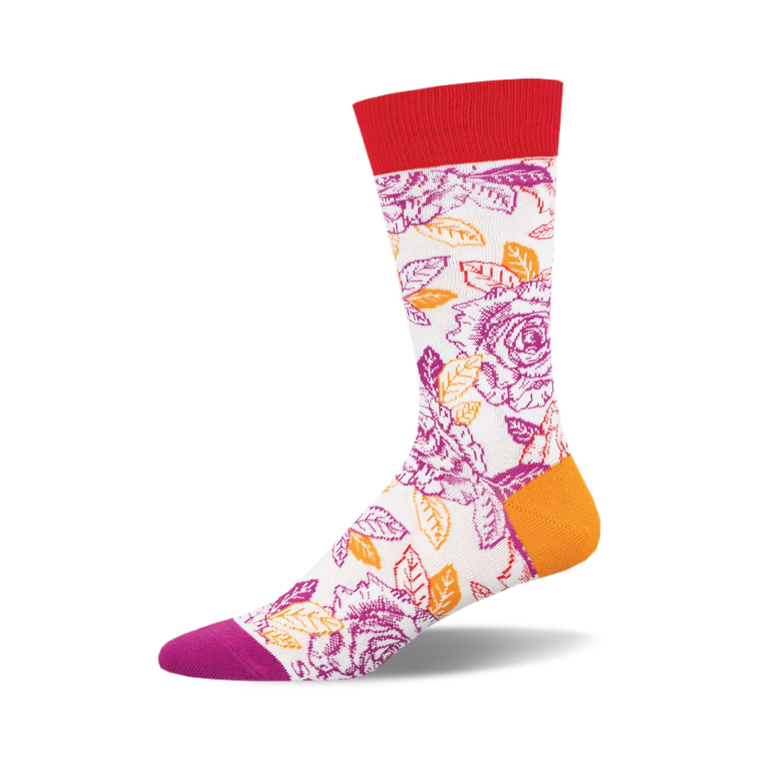 Crew socks with a white background, purple and orange roses, and red, orange and fuchsia accents at the top and bottom.