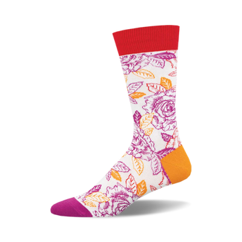 the white socks have a pattern of pink, orange, and purple flowers and green leaves. the flowers have multiple petals.