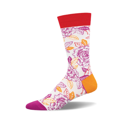 the white socks have a pattern of pink, orange, and purple flowers and green leaves. the flowers have multiple petals.