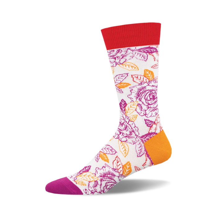 the white socks have a pattern of pink, orange, and purple flowers and green leaves. the flowers have multiple petals. }}