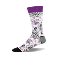 Crew socks in white with a purple and black rose print. Purple cuff. Black toe and heel.