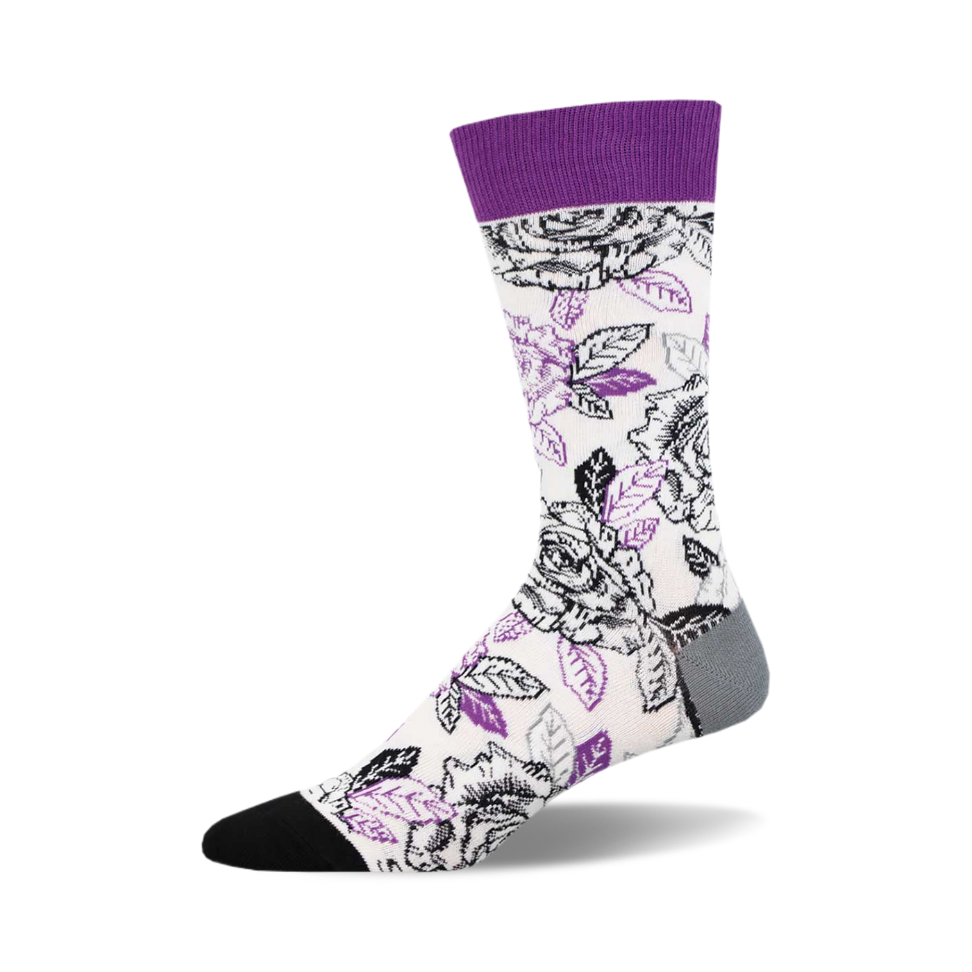 Crew socks in white with a purple and black rose print. Purple cuff. Black toe and heel.