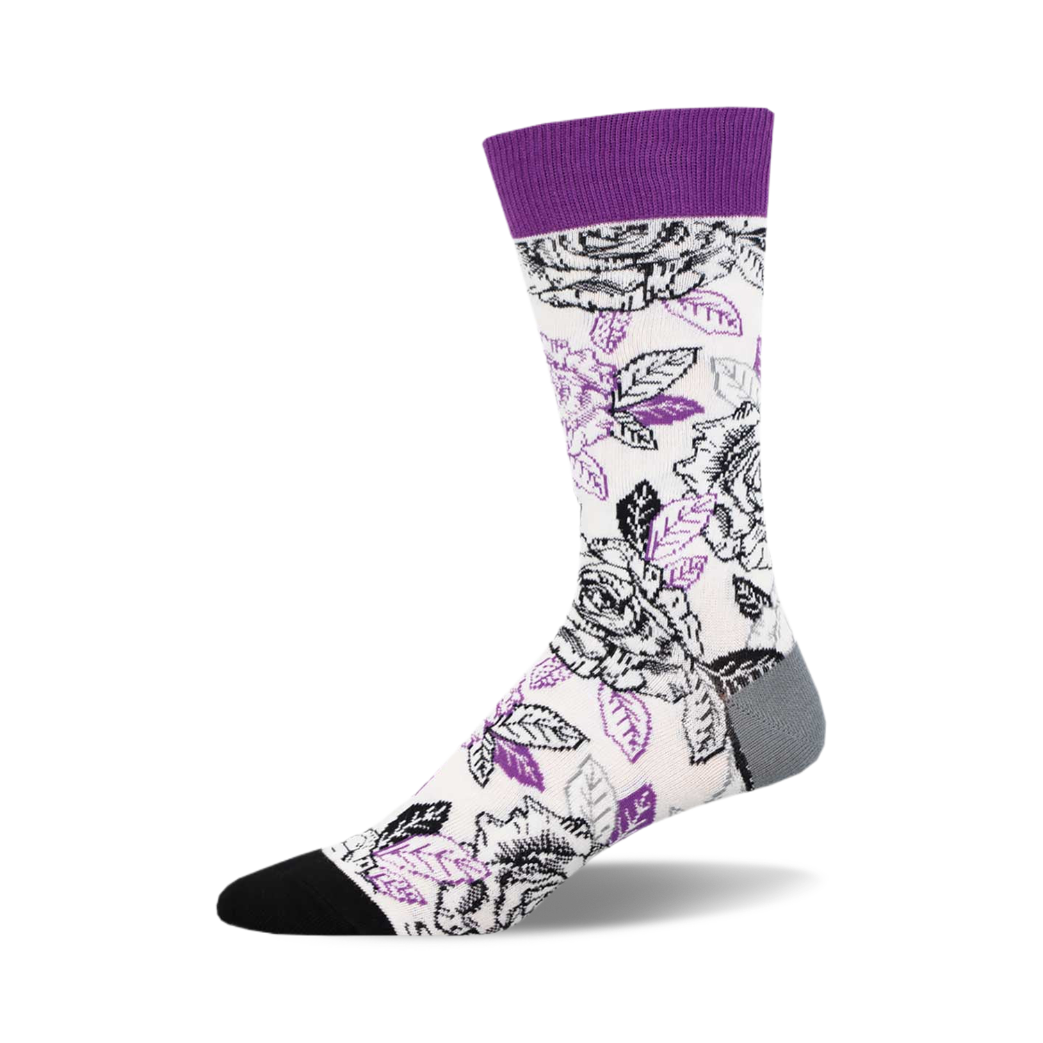Crew socks in white with a purple and black rose print. Purple cuff. Black toe and heel.