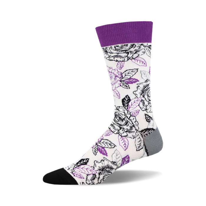 socks that are white with a pattern of black and purple roses. the roses have black stems and green leaves. socks with a purple top and a black toe and heel. }}