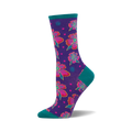 Crew socks in purple with a teal cuff. The design features pink and teal flowers with smaller details.