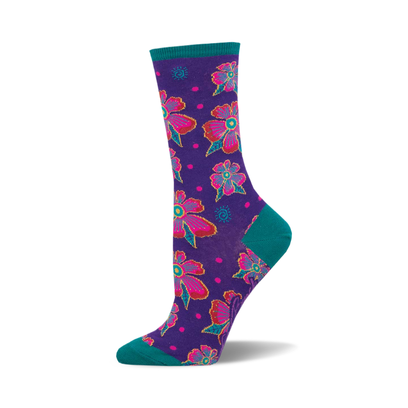Crew socks in purple with a teal cuff. The design features pink and teal flowers with smaller details.