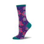 Crew socks in purple with a teal cuff. The design features pink and teal flowers with smaller details.