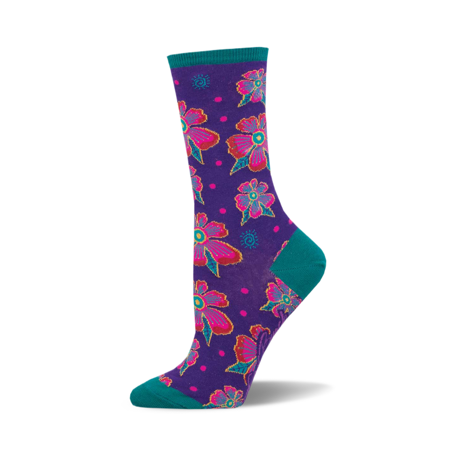 Crew socks in purple with a teal cuff. The design features pink and teal flowers with smaller details.