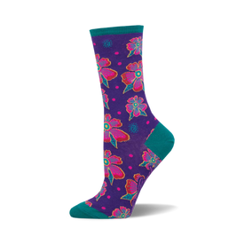 socks that are purple with a pattern of pink, yellow, orange and green flowers with teal blue leaves.