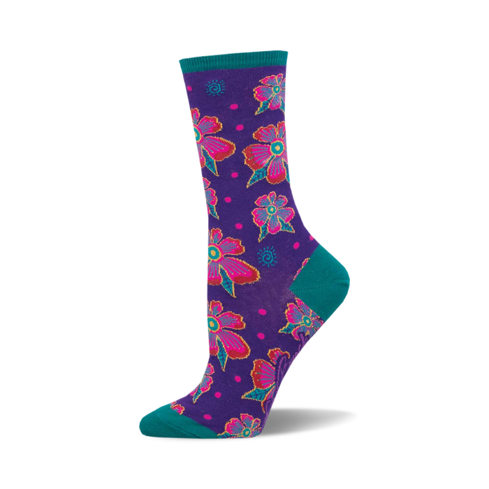 socks that are purple with a pattern of pink, yellow, orange and green flowers with teal blue leaves. }}
