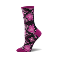 Crew socks in black, pink, and purple.  The socks feature a floral print with large and small flowers.