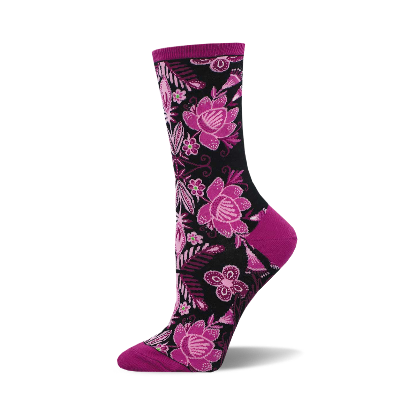 Crew socks in black, pink, and purple.  The socks feature a floral print with large and small flowers.