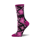 Crew socks in black, pink, and purple.  The socks feature a floral print with large and small flowers.