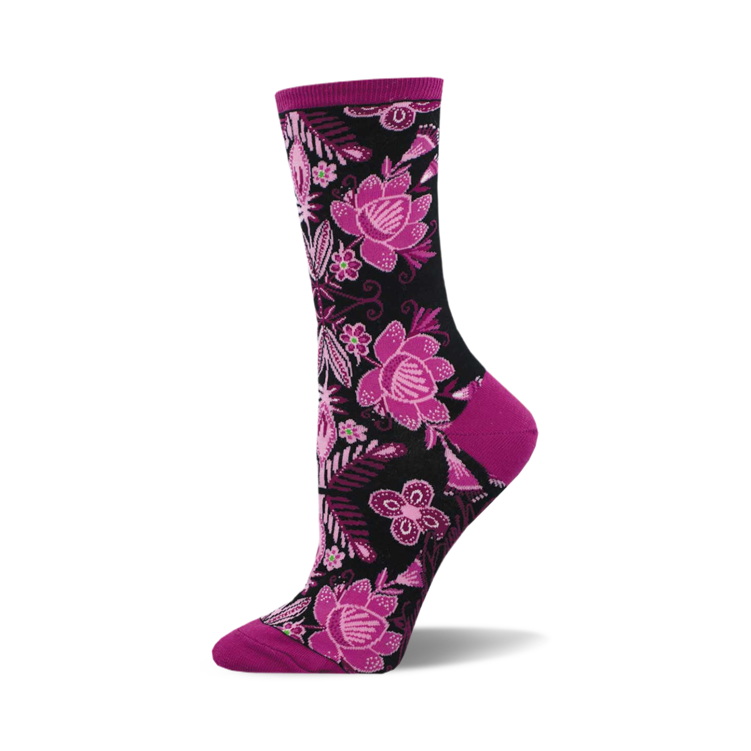 Crew socks in black, pink, and purple.  The socks feature a floral print with large and small flowers.