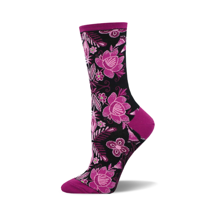 socks that are black with a pattern of pink and purple flowers and green leaves. the flowers have multiple petals. }}