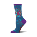 Crew socks in teal with purple accents. Design features a purple cat sitting on a teal crescent moon surrounded by stars.