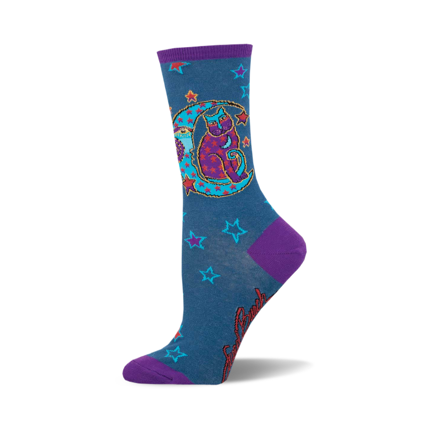 Crew socks in teal with purple accents. Design features a purple cat sitting on a teal crescent moon surrounded by stars.