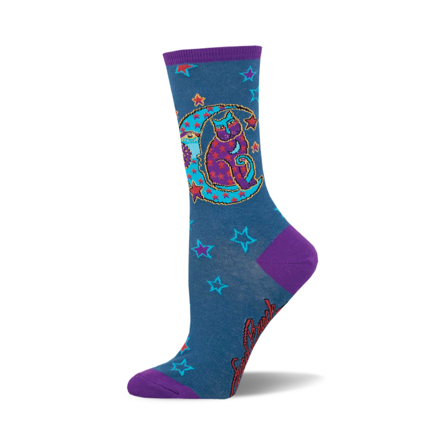 Crew socks in teal with purple accents. Design features a purple cat sitting on a teal crescent moon surrounded by stars.