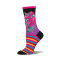 A crew sock with a whimsical design.  It features a pink cat face, purple and black sections, and colorful horizontal stripes at the bottom.