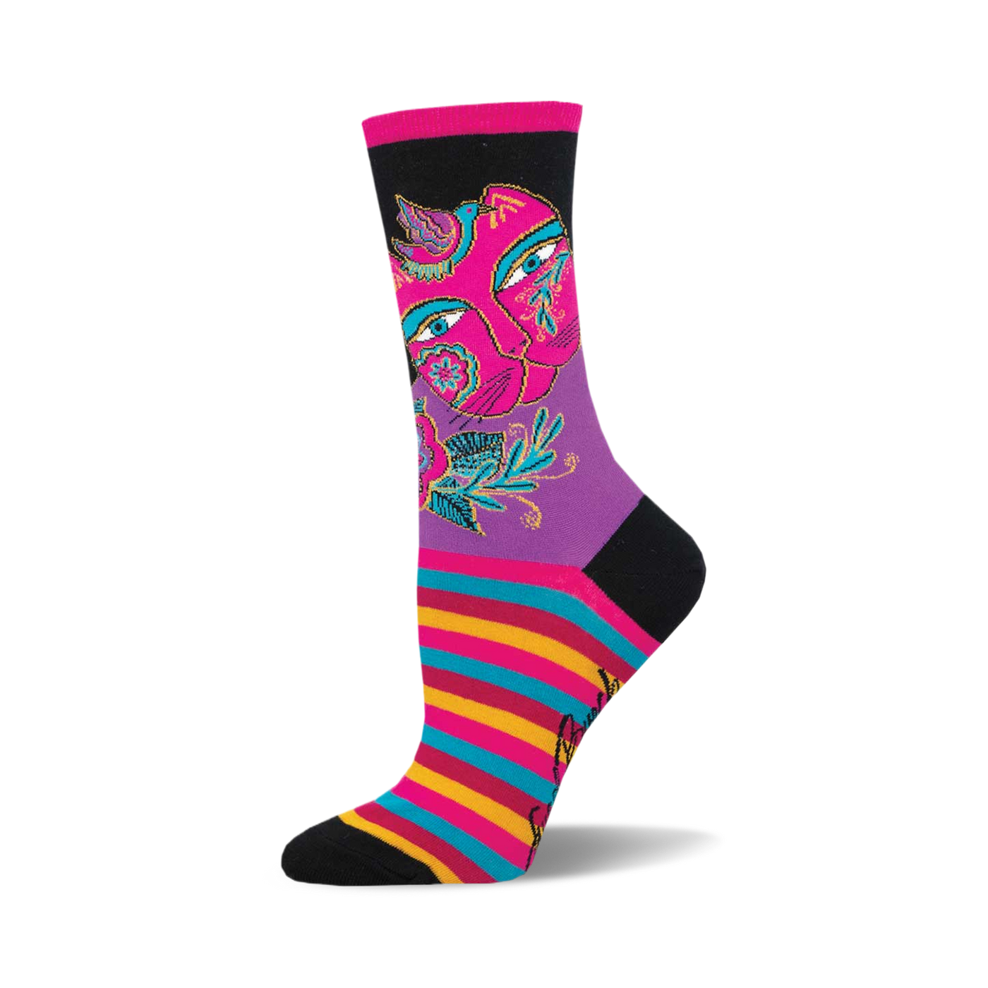 A crew sock with a whimsical design.  It features a pink cat face, purple and black sections, and colorful horizontal stripes at the bottom.