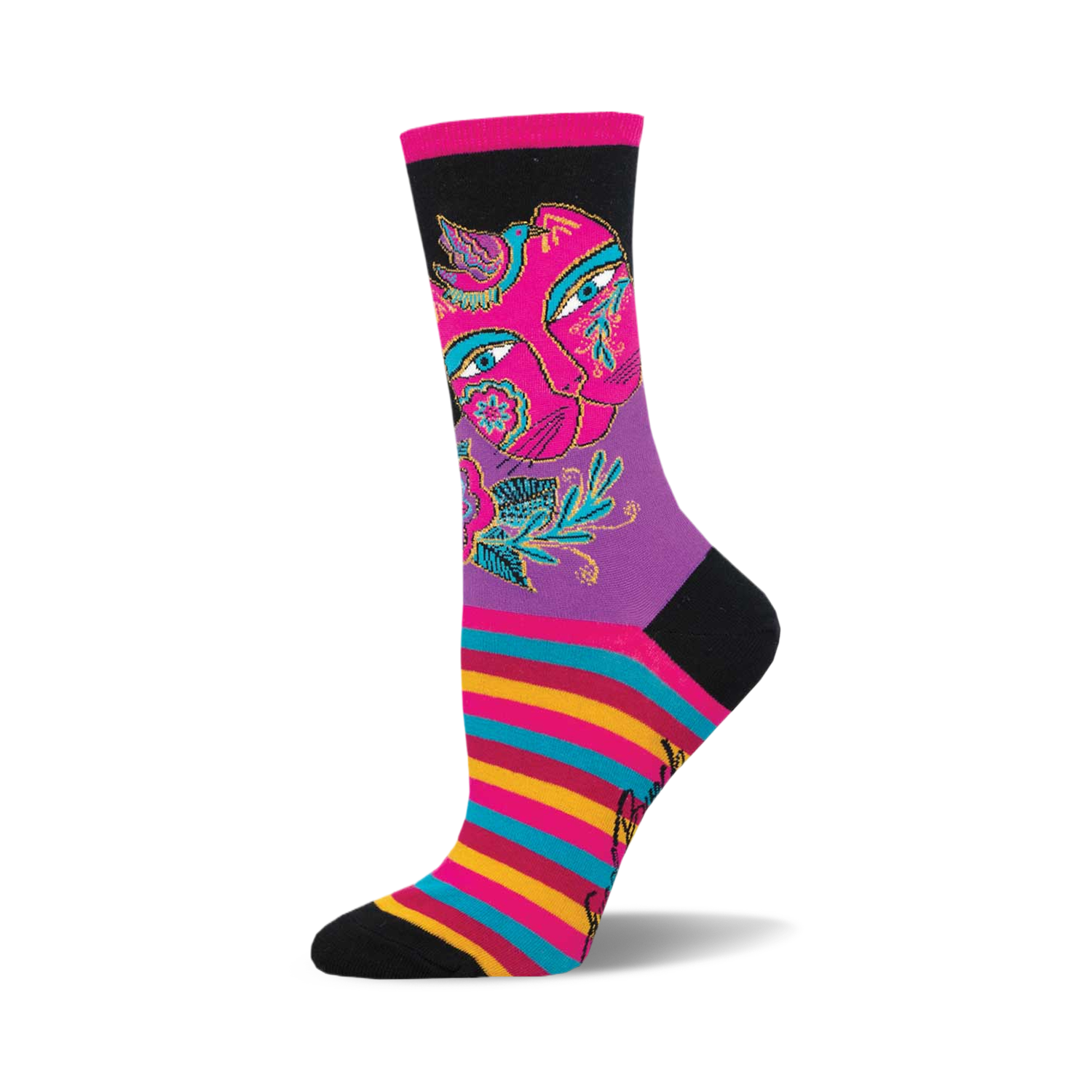 A crew sock with a whimsical design.  It features a pink cat face, purple and black sections, and colorful horizontal stripes at the bottom.