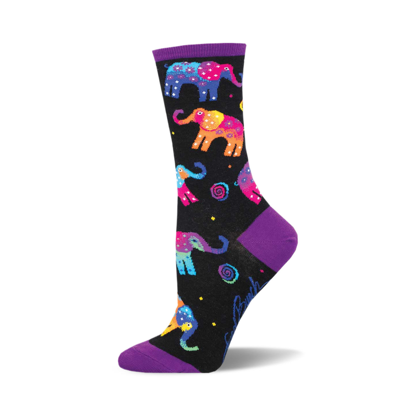 Black crew socks with colorful, patterned elephants and purple cuffs. Fun and vibrant design.