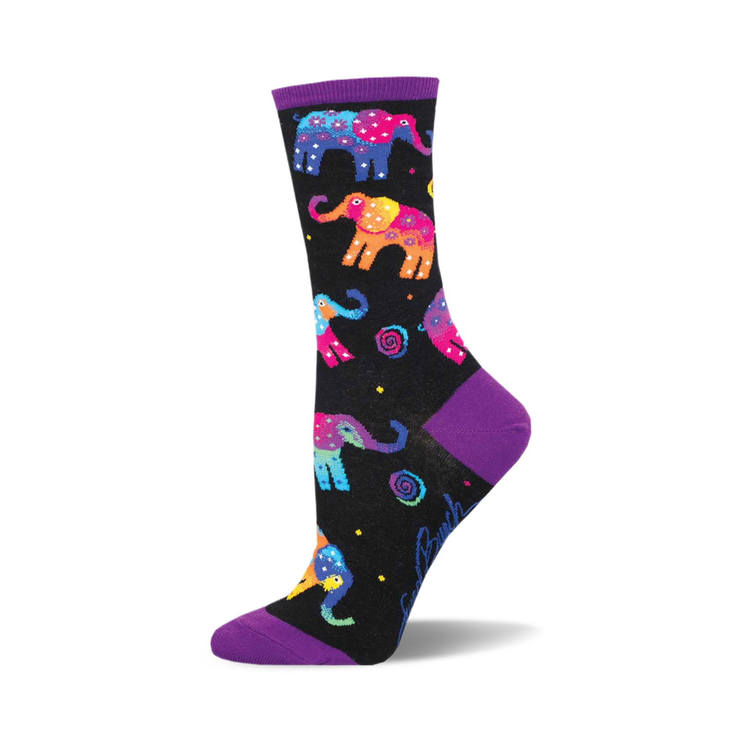 Black crew socks with colorful, patterned elephants and purple cuffs. Fun and vibrant design.