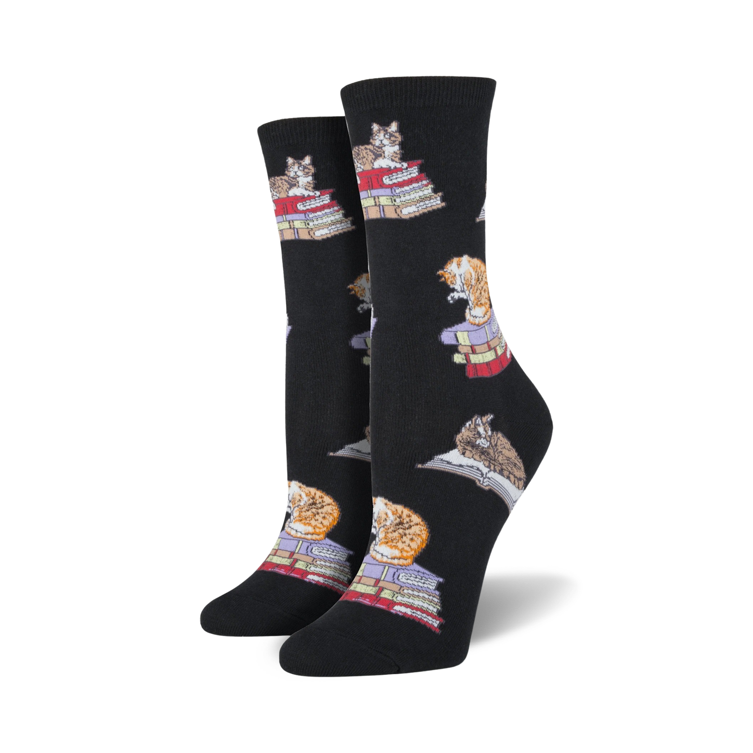 Pair of black crew socks with a repeating pattern of cats sitting on stacks of books.  Cats are orange and grey.