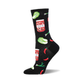 A black crew sock with a fun print of kimchi jars, red chili peppers, and green napa cabbage.