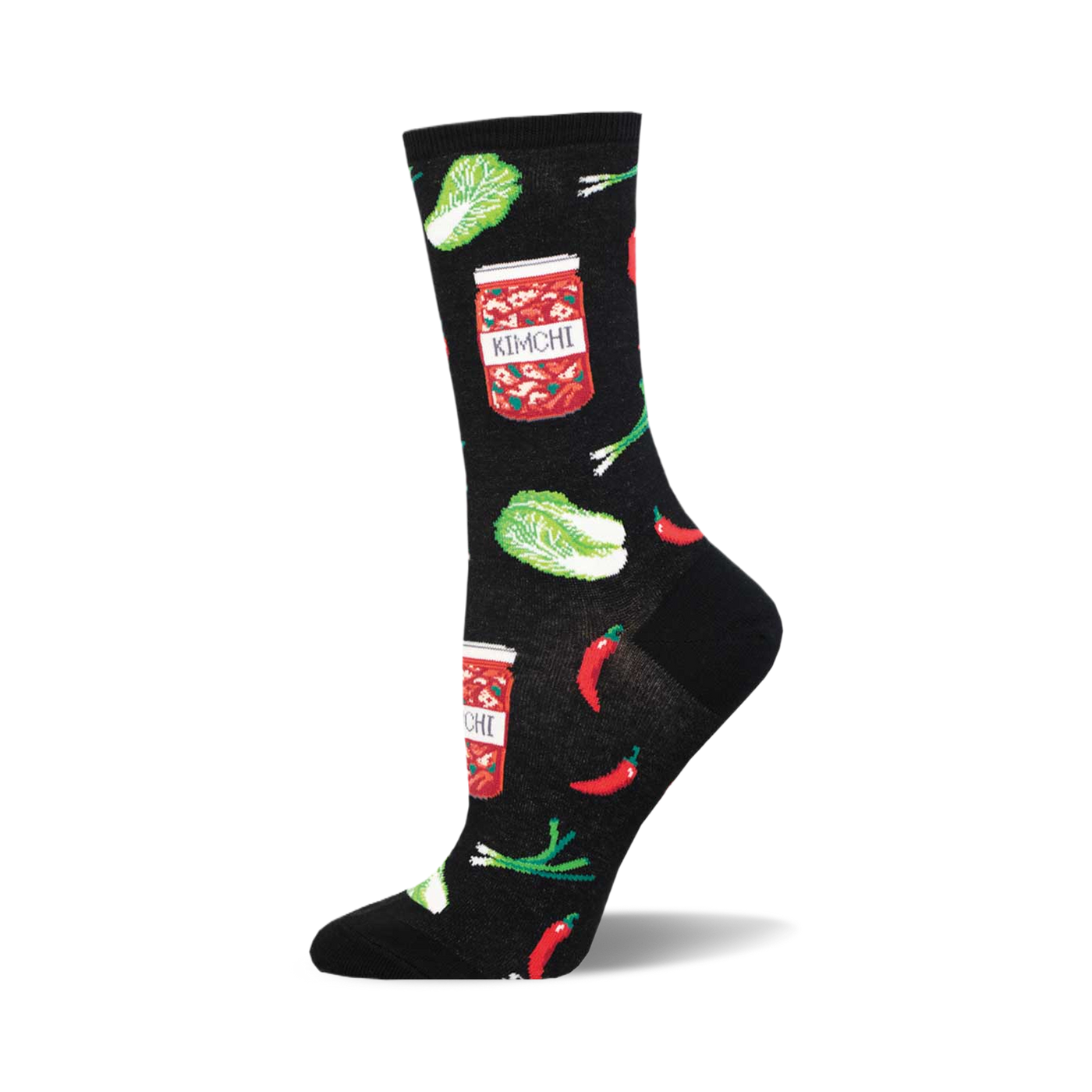 A black crew sock with a fun print of kimchi jars, red chili peppers, and green napa cabbage.
