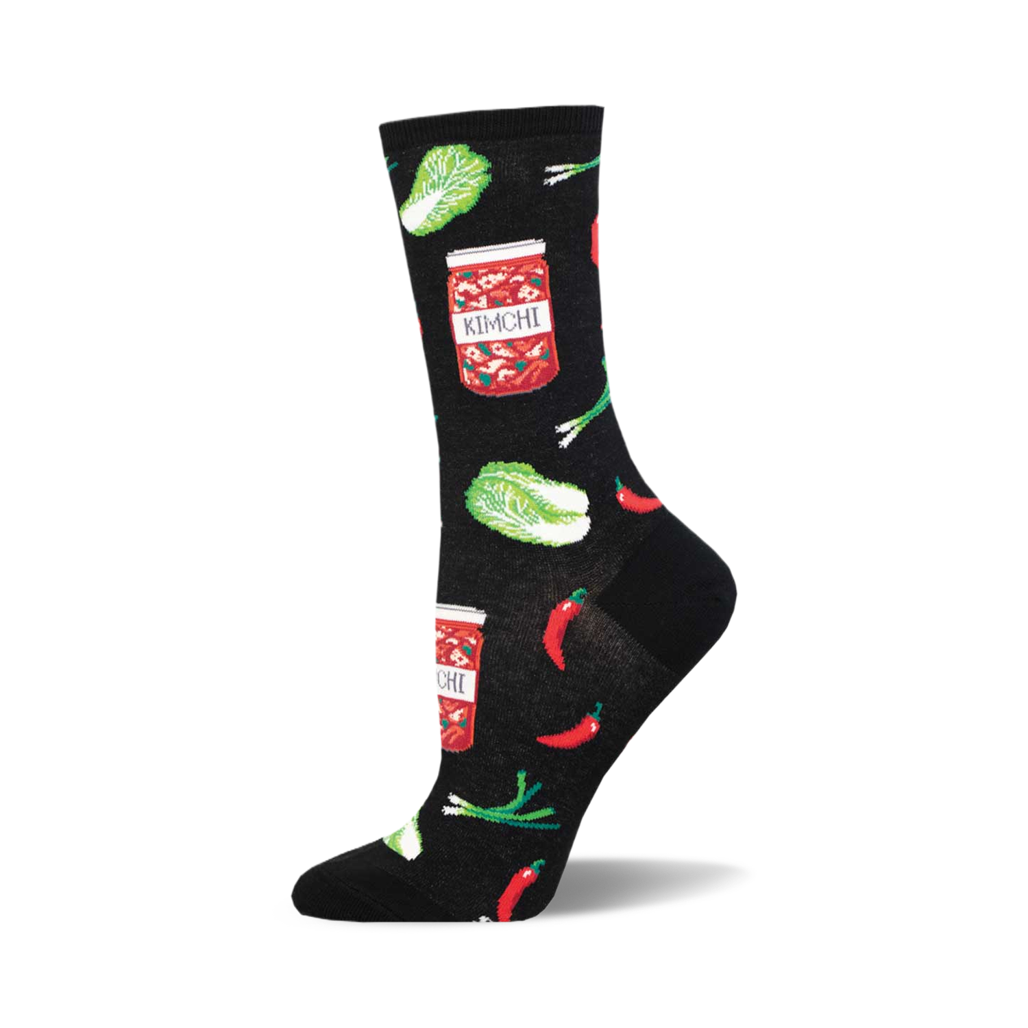 A black crew sock with a fun print of kimchi jars, red chili peppers, and green napa cabbage.