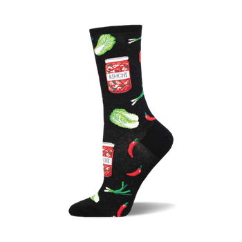 socks that are black and have a pattern of kimchi, a korean side dish made of fermented vegetables. the kimchi is depicted in jars and surrounded by red chili peppers, green onions, and napa cabbage.