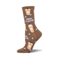 Brown crew socks with iced coffee cups and light blue hearts. Text says 'Iced. Always.'