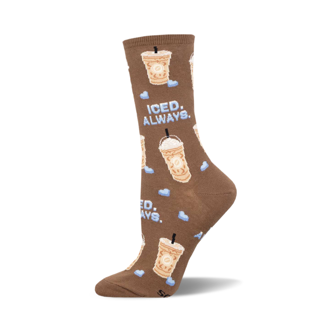 Brown crew socks with iced coffee cups and light blue hearts. Text says 'Iced. Always.'
