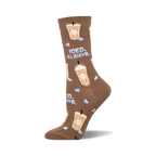 Brown crew socks with iced coffee cups and light blue hearts. Text says 'Iced. Always.'