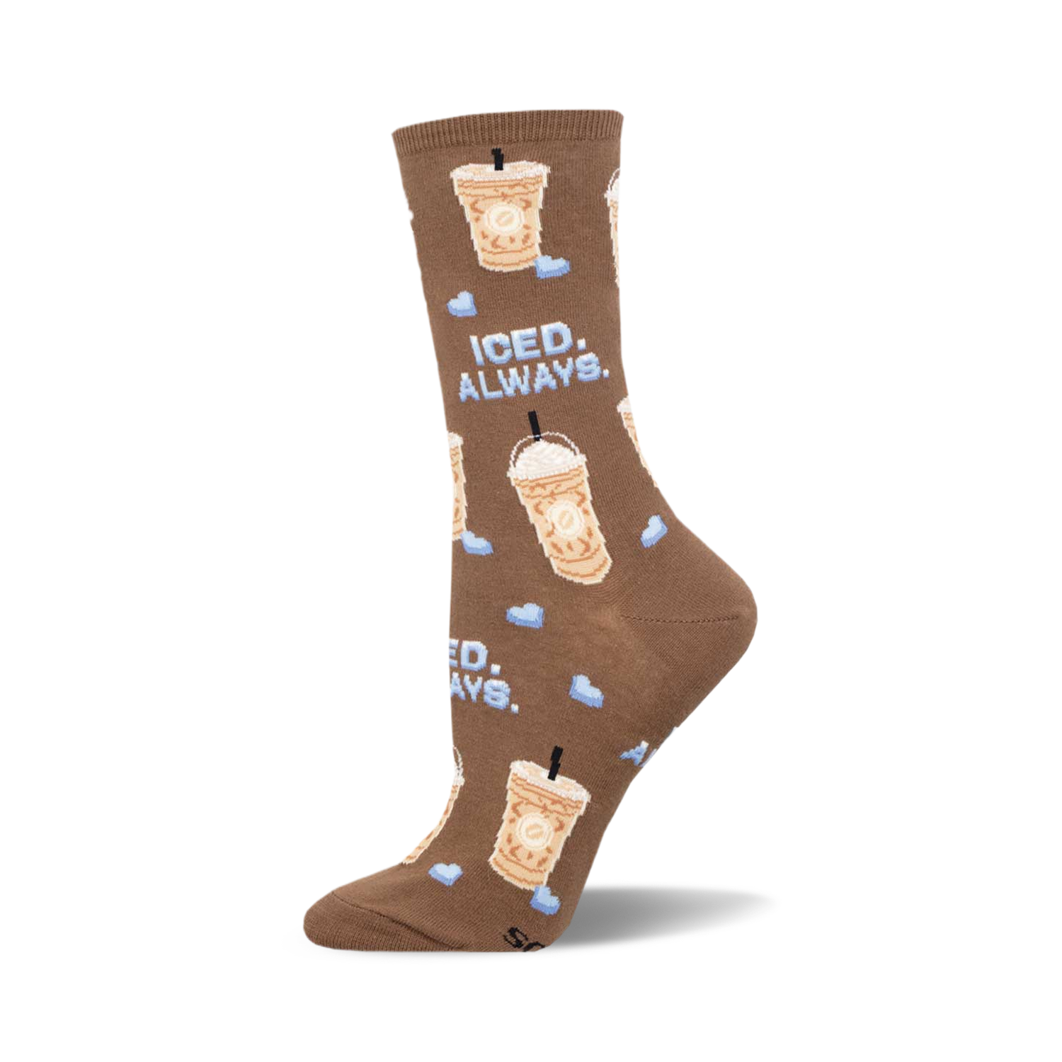 Brown crew socks with iced coffee cups and light blue hearts. Text says 'Iced. Always.'