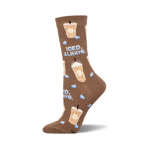 Brown crew socks with iced coffee cups and light blue hearts. Text says 'Iced. Always.'