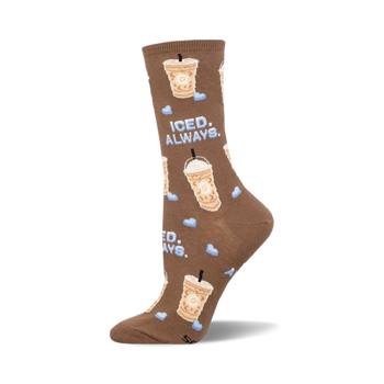 the brown sock has an all-over pattern of iced coffee drinks with whipped cream and blue ice cubes. the words 'iced always' appear in blue text on the side of one of the drinks.