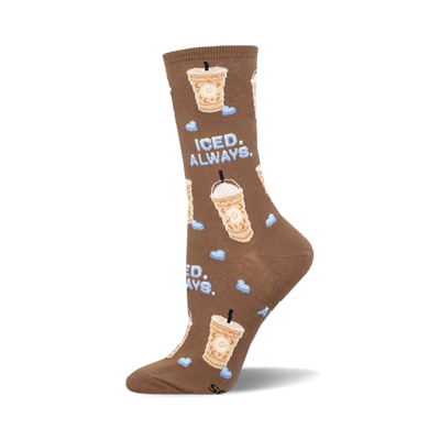 the brown sock has an all-over pattern of iced coffee drinks with whipped cream and blue ice cubes. the words 'iced always' appear in blue text on the side of one of the drinks.