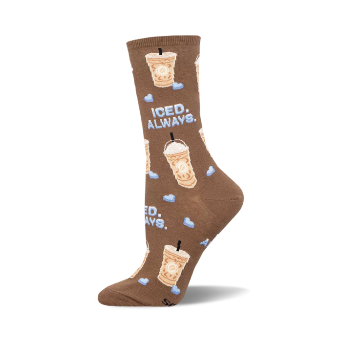 the brown sock has an all-over pattern of iced coffee drinks with whipped cream and blue ice cubes. the words 'iced always' appear in blue text on the side of one of the drinks. }}