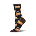 Single crew sock, dark background, repeating baked potato pattern with cheese, sour cream, and steam. Brown cuff, heel, toe.