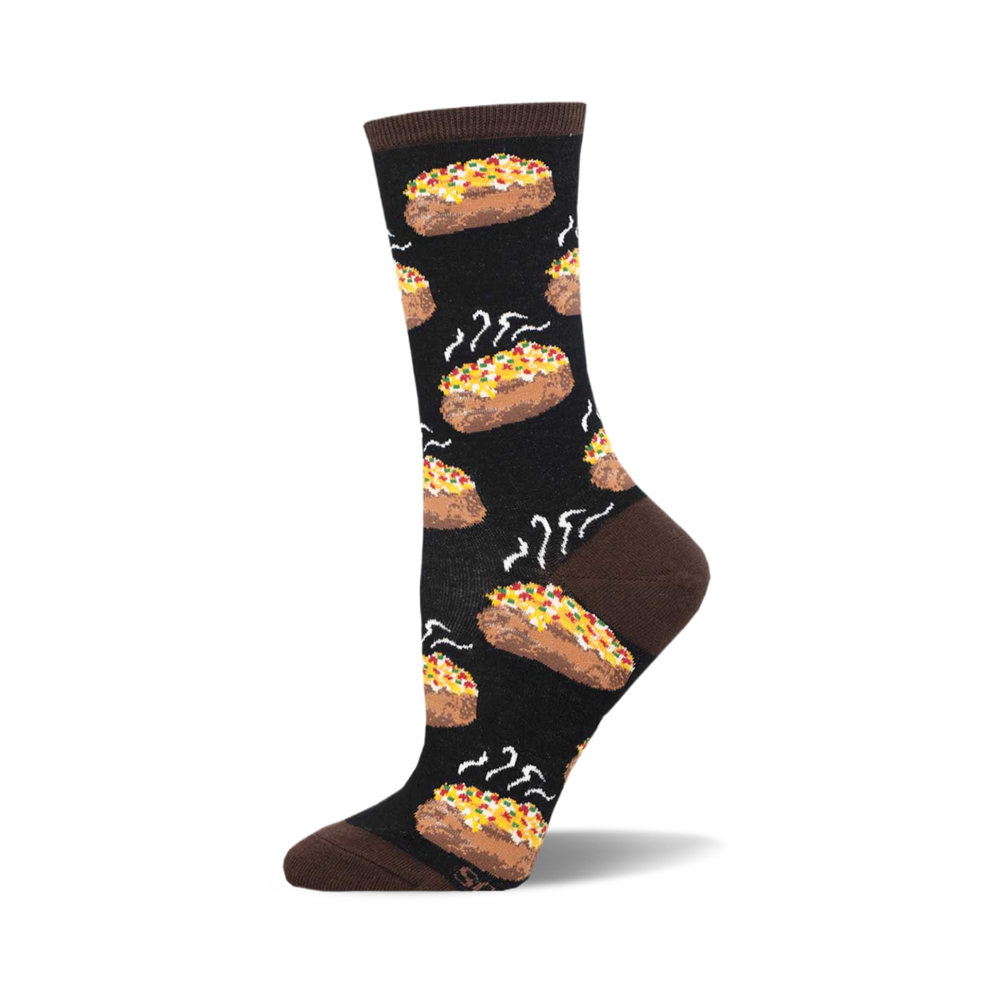 Single crew sock, dark background, repeating baked potato pattern with cheese, sour cream, and steam. Brown cuff, heel, toe.
