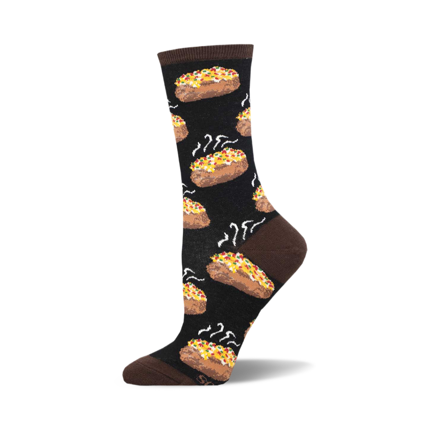 Single crew sock, dark background, repeating baked potato pattern with cheese, sour cream, and steam. Brown cuff, heel, toe.