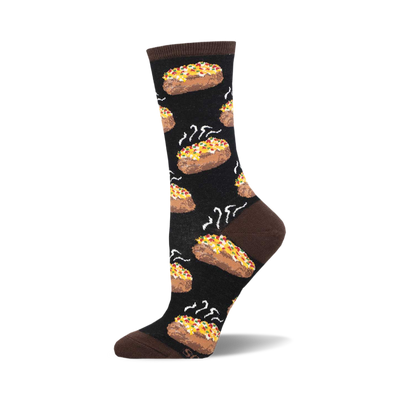 Single crew sock, dark background, repeating baked potato pattern with cheese, sour cream, and steam. Brown cuff, heel, toe.