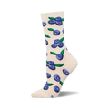 Cream crew socks with a scattered pattern of illustrated blueberries and green leaves.  A fun, fruity sock design.