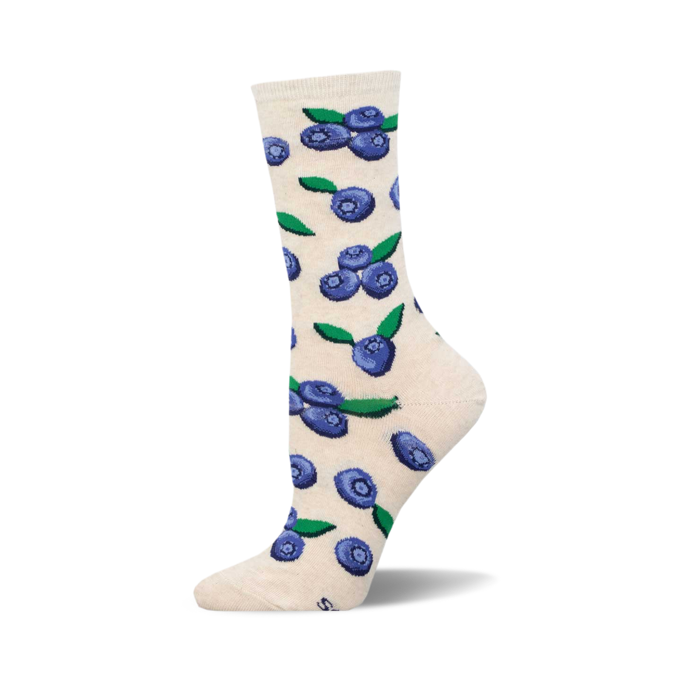 Cream crew socks with a scattered pattern of illustrated blueberries and green leaves.  A fun, fruity sock design.