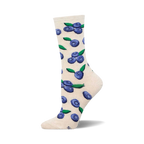 Cream crew socks with a scattered pattern of illustrated blueberries and green leaves.  A fun, fruity sock design.